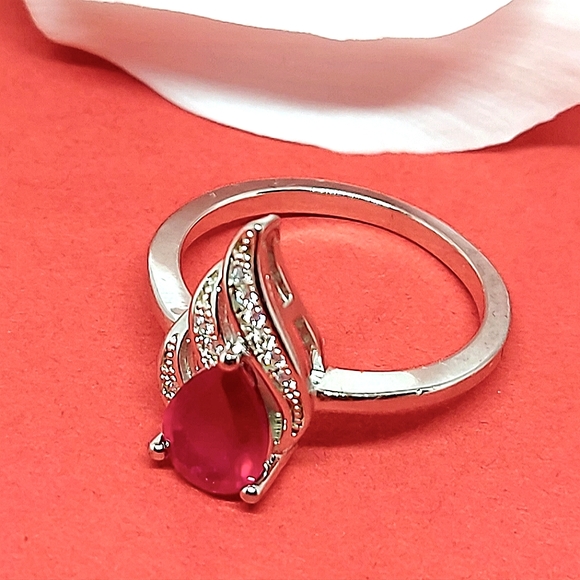 Pear Red Ruby & Cz 14K White Gold Plate 925 Sterling Silver Ring 7 - Picture 6 of 6